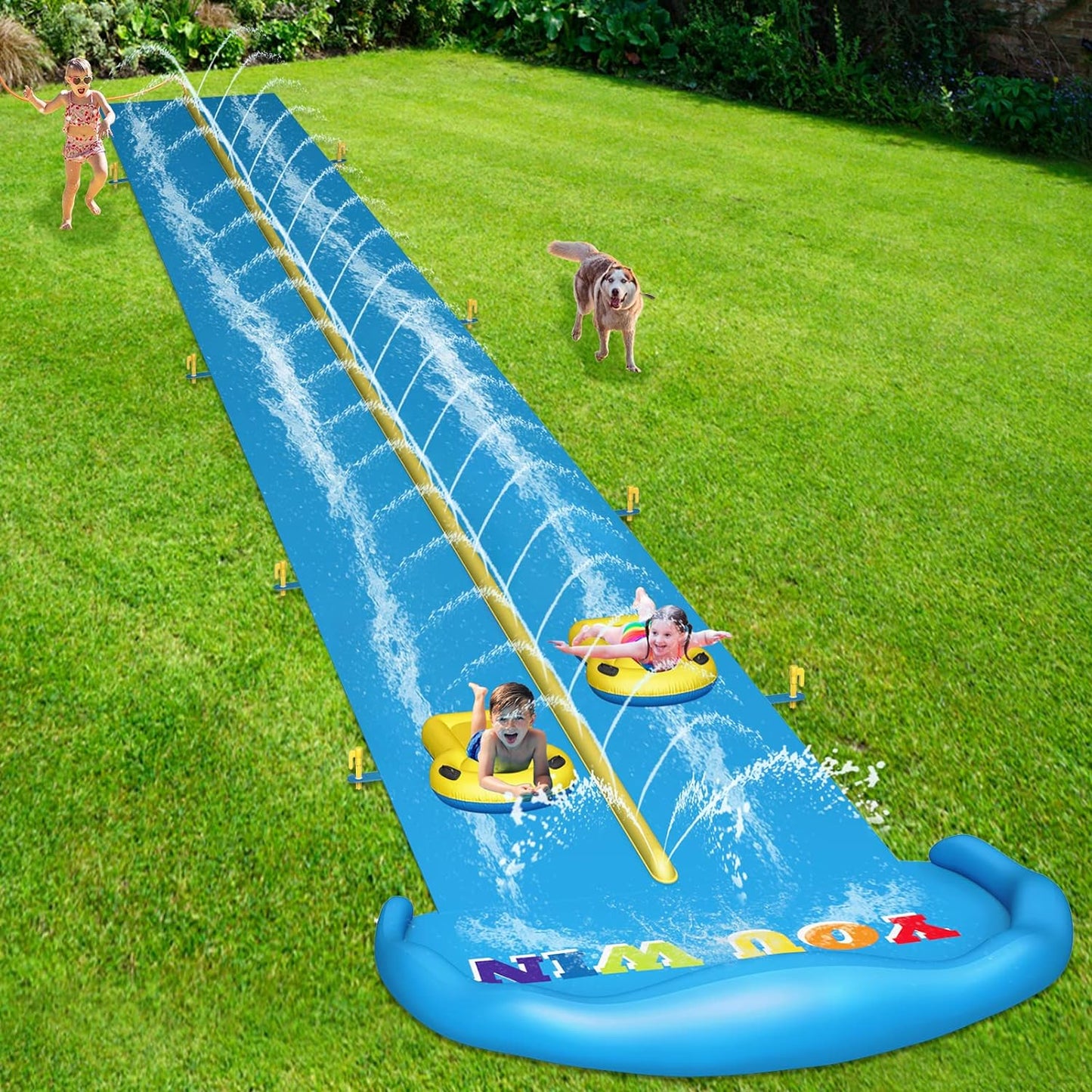 Water Slide, 32.8Ft Inflatable Splash Water Slip with 2 Racing Lanes and 2 Body Boards for Kids Boys Girls Adults, Water Slide Outdoor Water Toys for Backyard Garden