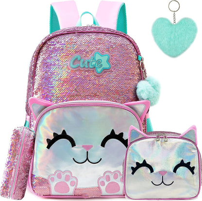 Cute Backpack for Girls Pink Cat School Backpacks Kids Sequin Bookbag for Elementary Kindergarten Students with Lunch Box Pencil Case for Girls 5-12 Years Old