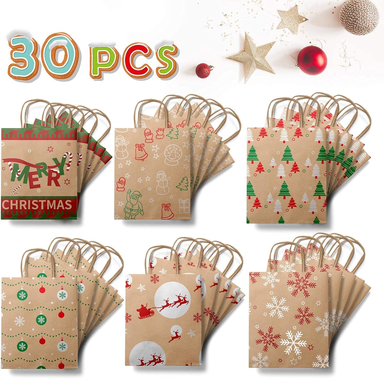 Christmas Gift Bags 30 PCS, 7.5"X9"X3.5" Durable Christmas Bags with Tissue Paper, 6 Styles Gift Bags Bulk with Handles, Reusable Small Gift Bags Xmas Paper Bags, Party Favors Holiday Gift Bags, Brown