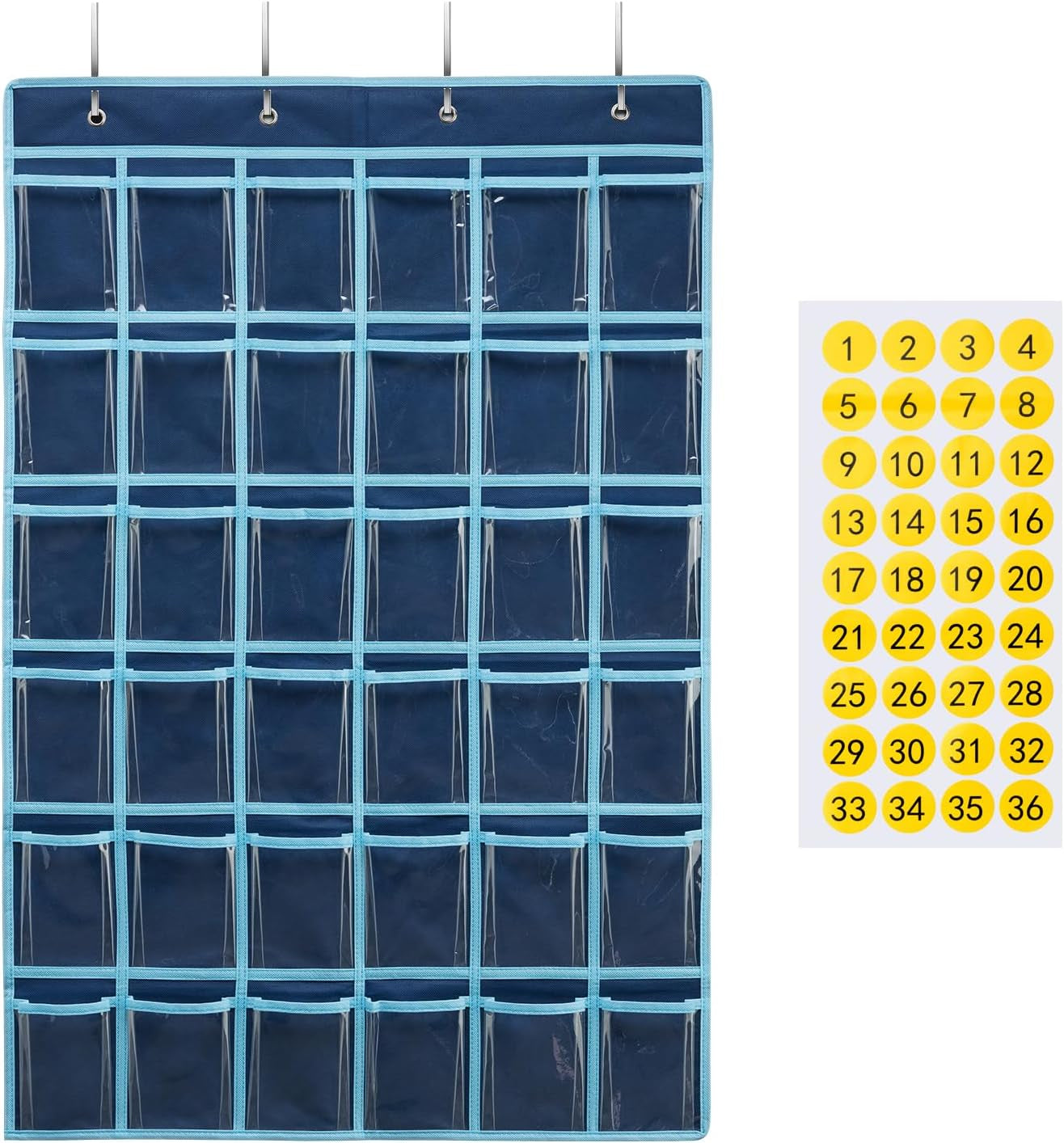 36 Clear Pockets Classroom Pocket Chart for Cell Phone and Calculator Holder, Door Hanging Pocket Chart for Classroom Phone Holder with Number Sticker and Hooks (Blue)