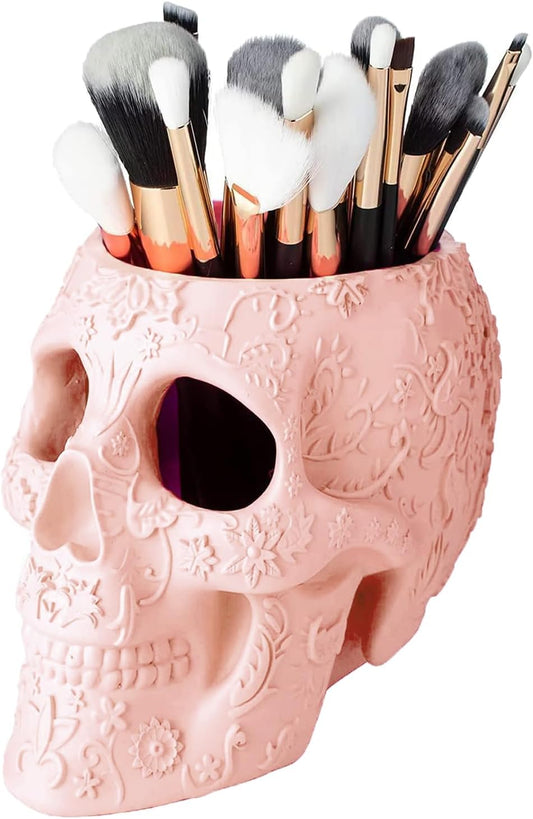 Skull Makeup Brush and Pen Holder Extra Large, Strong Resin Extra Large Halloween (Pink)