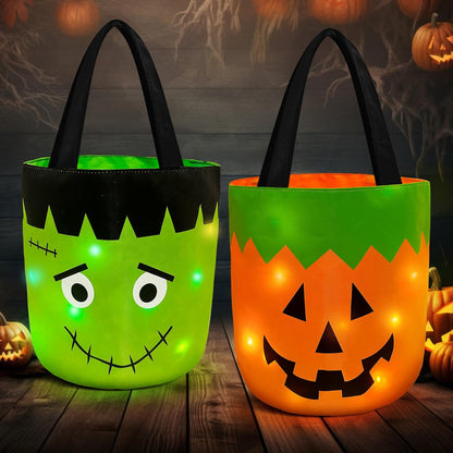 2 Pieces Halloween Candy Bucket with LED Light Trick or Treat Buckets Halloween Reusable Pumpkin Green Monster Candy Gift Baskets Party Supplies Favors (Orange & Green)