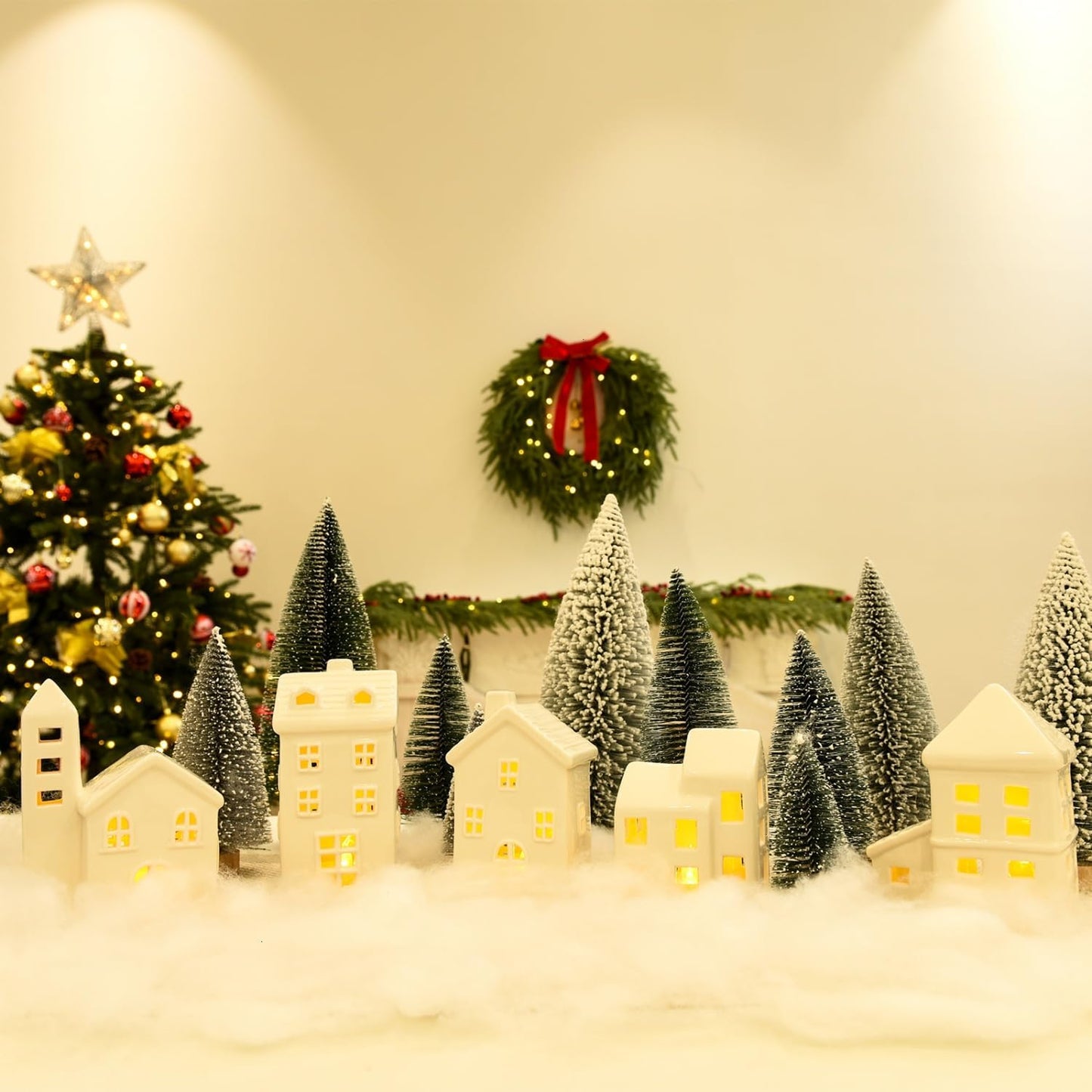 Ceramic Christmas Village Houses 5 Pcs White Christmas Houses & 9 Pcs Christmas Trees & Fake Snow Farmhouse Christmas Decorations Indoor for Home Table Mantle Fireplace