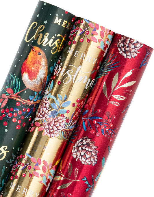 Christmas Wrapping Paper Roll - Mini Roll - 3 Rolls - 17 Inch X 120 Inch per Roll - Bird, Christmas Garland, Holly and Pinecones Holiday Design with Metallic Foil Shine