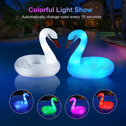 Inflatable Swan Pool Float with Colorful Lights,  Solar Powered LED Color Changing Swan Swim Tube Rings, 42'' Large Pool Beach Floaties Lake and Beach Floaty Summer Pool Raft Lounge for Adults