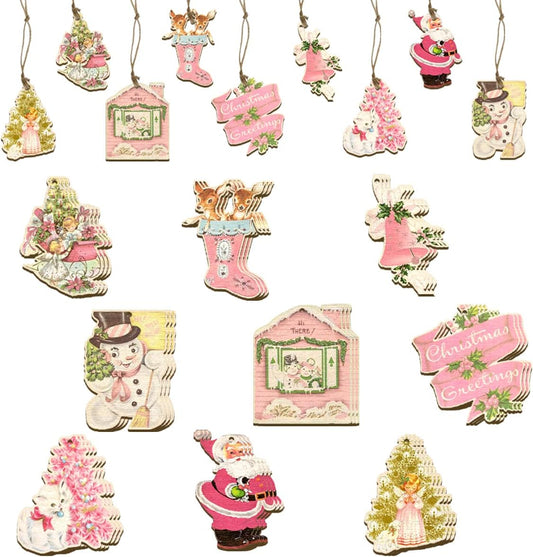 27Pcs Vintage Christmas Ornaments-Pink Christmas Decoration Vintage Style Santa Claus Snowman Deer Hanging Wooden Signs Pink Christmas Ornaments for Tree(Pink Christmas)