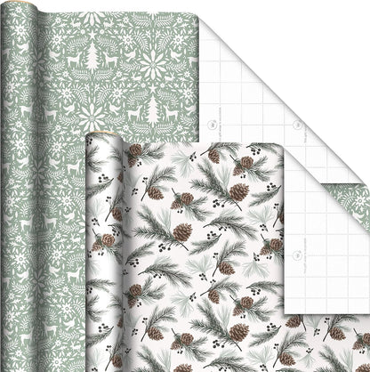 Recyclable Neutral Christmas Wrapping Paper (4 Rolls: 100 Sq. Ft. Ttl) White and Sage Green Evergreen Pinecones, Rustic Snowmen, Plaid, Nordic Deer and Foliage