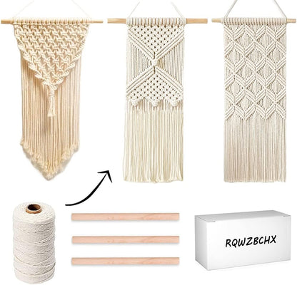 DIY Macrame Wall Hanging Kits, 3 Patterns Macrame DIY Wall Hangers for Beginners, Home Decor with 200 Meters Macrame Cord, 3 PCS Wooden Dowels and Instruction Booklet for Macrame Starters