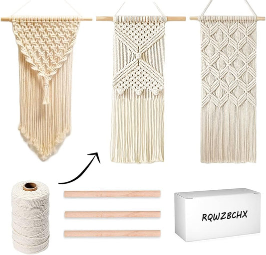 DIY Macrame Wall Hanging Kits, 3 Patterns Macrame DIY Wall Hangers for Beginners, Home Decor with 200 Meters Macrame Cord, 3 PCS Wooden Dowels and Instruction Booklet for Macrame Starters