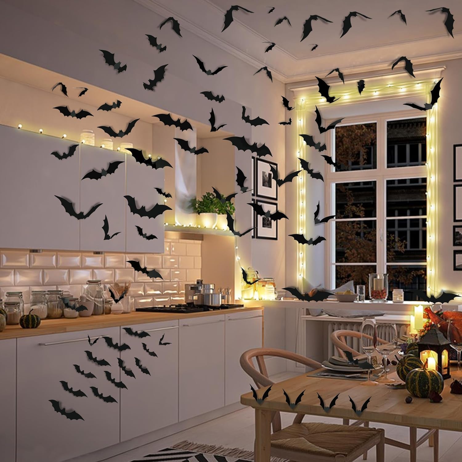 Halloween 3D Bat Decorations - 24 PVC Bat Stickers & Glitter "Bats" Banner, For Wall & Party Scary Decor