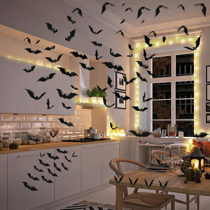 Halloween Party Supplies Hallween Decorations Bats Wall Decor 140PCS Realistic PVC 3D Black Scary Bat Sticker for Creepy Home Decor Halloween Party Decorations DIY Wall Decal Bathroom Indoor Halloween