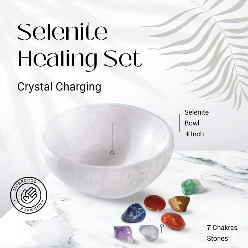 Stemma Selenite Bowl 4 Inch Crystals and Healing Stones| 9 Piece Crystal Sets for Beginners Selenite Plate for Charging| Chakra Stones Healing Crystal Decor| Moroccan Selenite