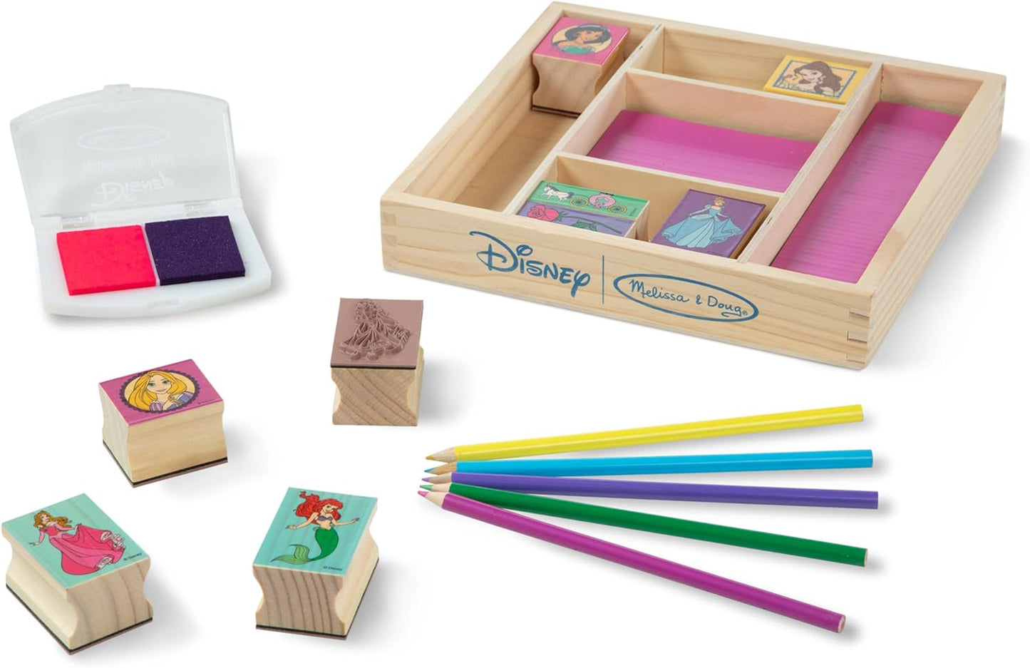 Disney Princess Wooden Stamp Set: 9 Stamps, 5 Colored Pencils, and 2-Color Stamp Pad with Washable Ink for Kids Ages 4+