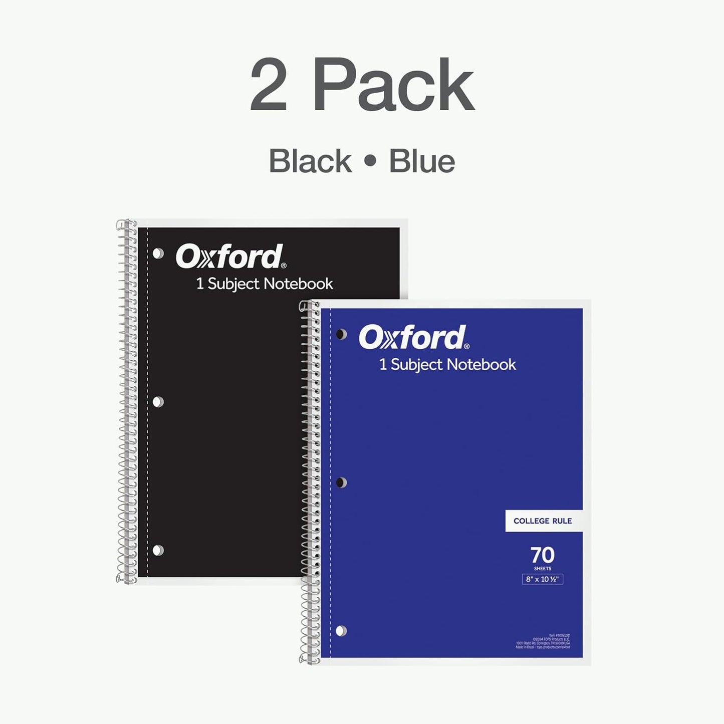 Spiral Notebooks, 1-Subject for School, College Ruled Paper, 70 Sheets, 8 X 10.5 Inches, Black, Blue, 2 Pack (1002522)
