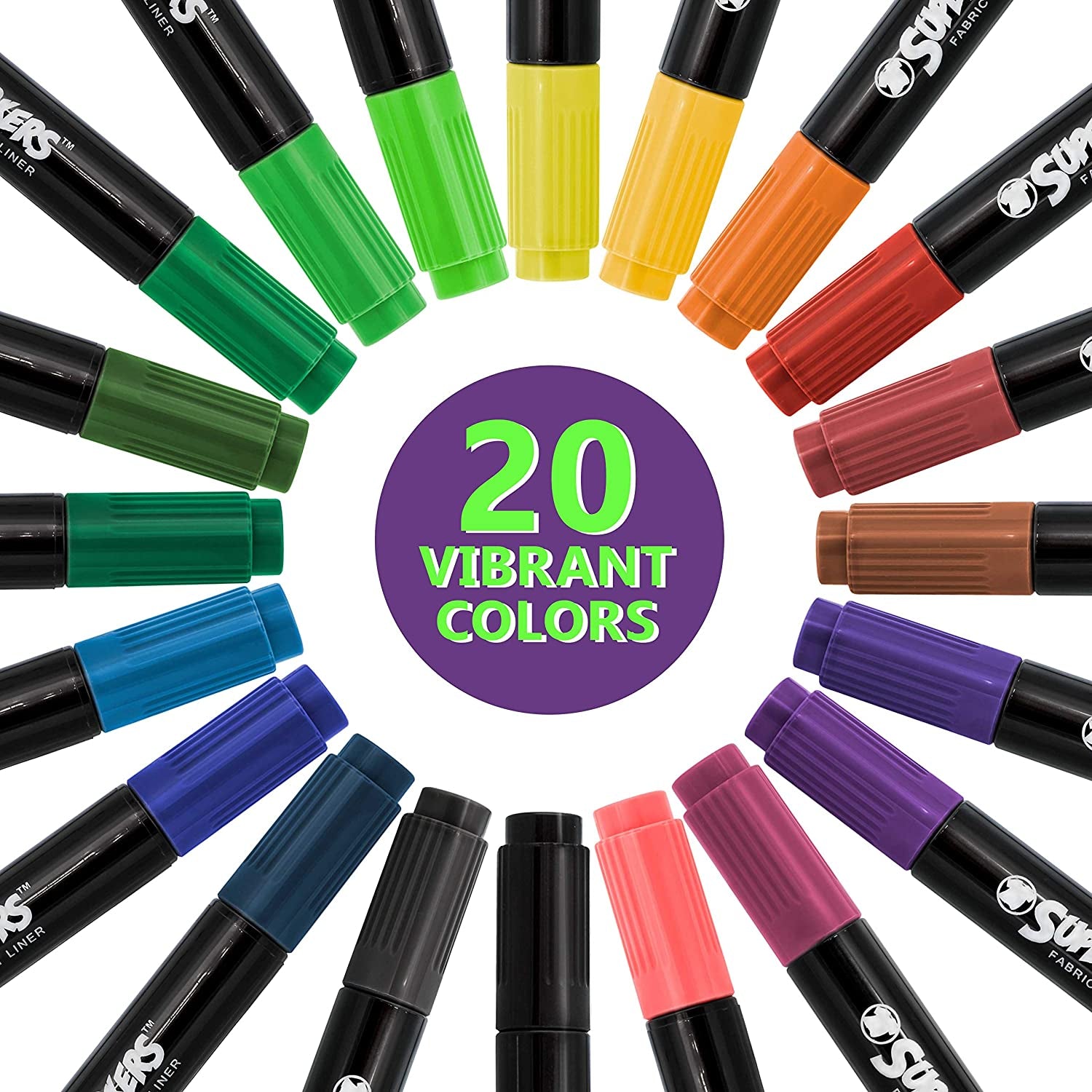 Super Markers 20 Unique Colors Dual Tip Fabric & T-Shirt Marker Set-Double-Ended Fabric Markers with Chisel Point and Fine Point Tips - 20 Permanent Ink Vibrant and Bold Colors