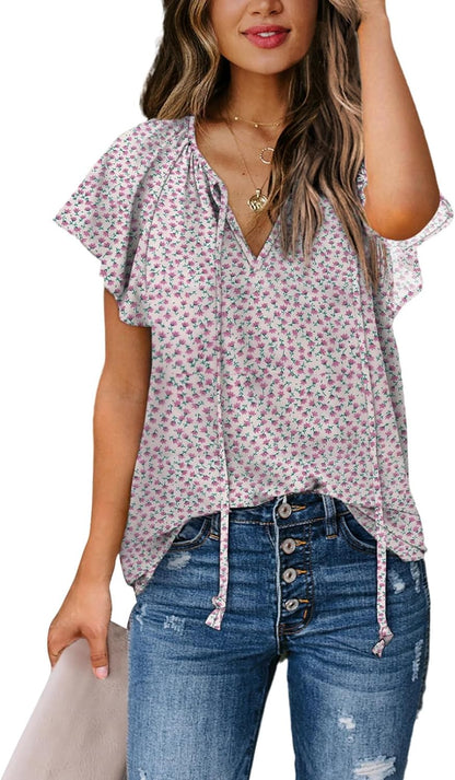 Women'S Casual Boho Floral Printed V Neck Tops Drawstring Short Long Sleeve T Shirt Blouses