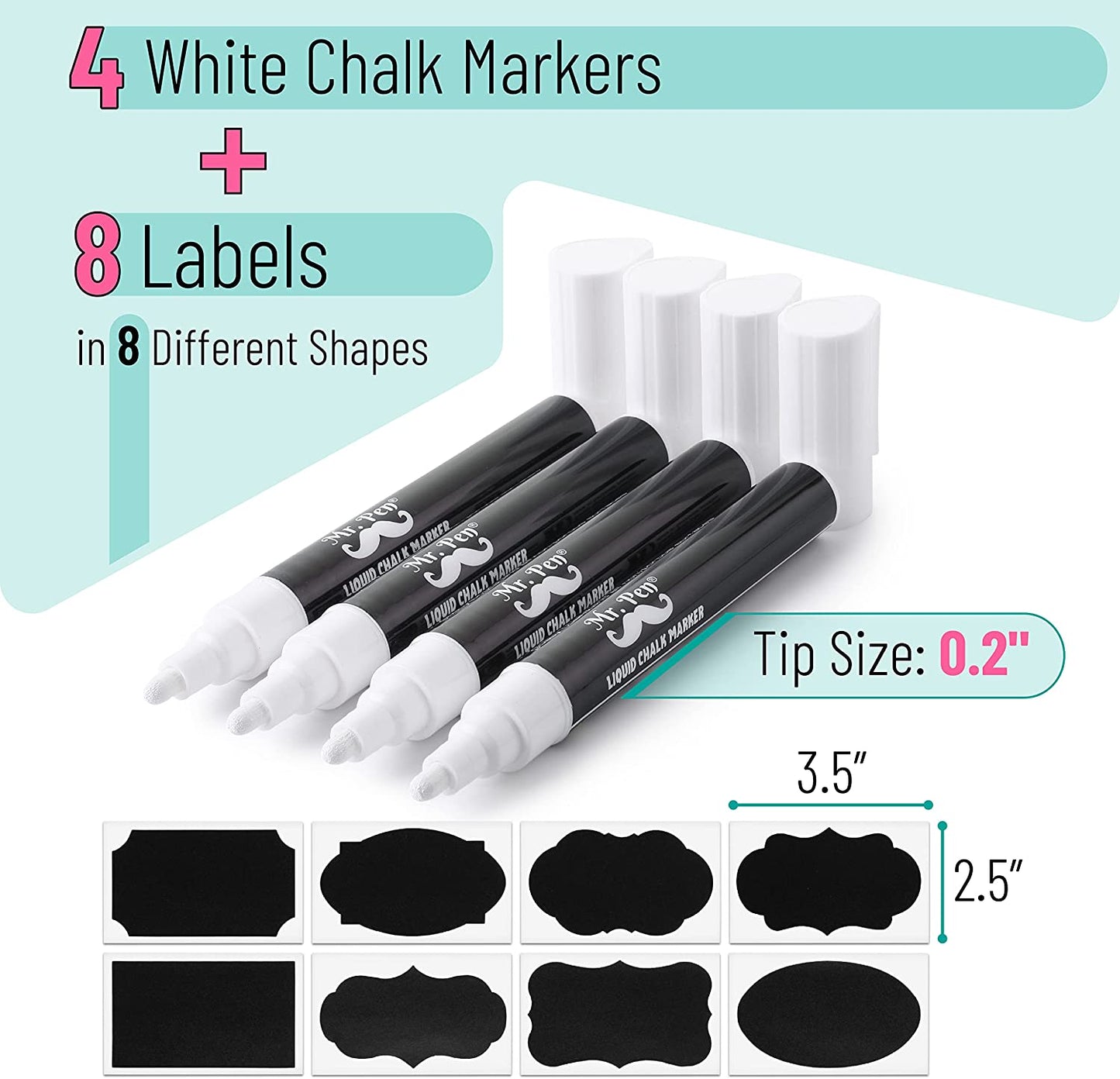 - White Chalk Markers, 4 Pack, Dual Tip, 8 Assorted Colors, for Non-Porous Surfaces, Reversible Chisel and Bullet Tip