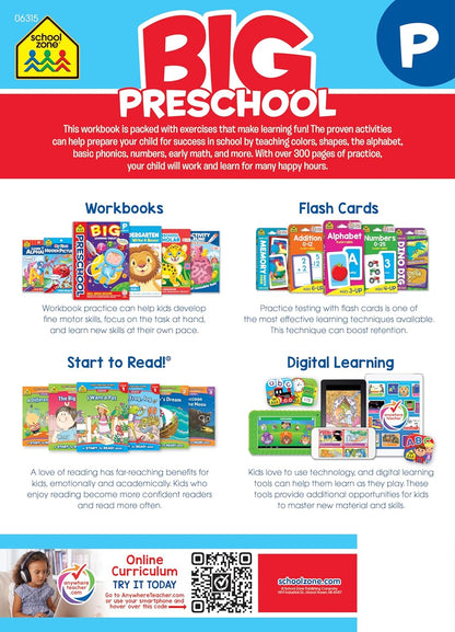 School Zone Big Preschool Workbook: Kids Learning Skills Ages 3 to 5, Handwriting, Abcs, Phonics, Early Math & Numbers, Colors & Shapes, Follow Directions, and More, 320 Pages