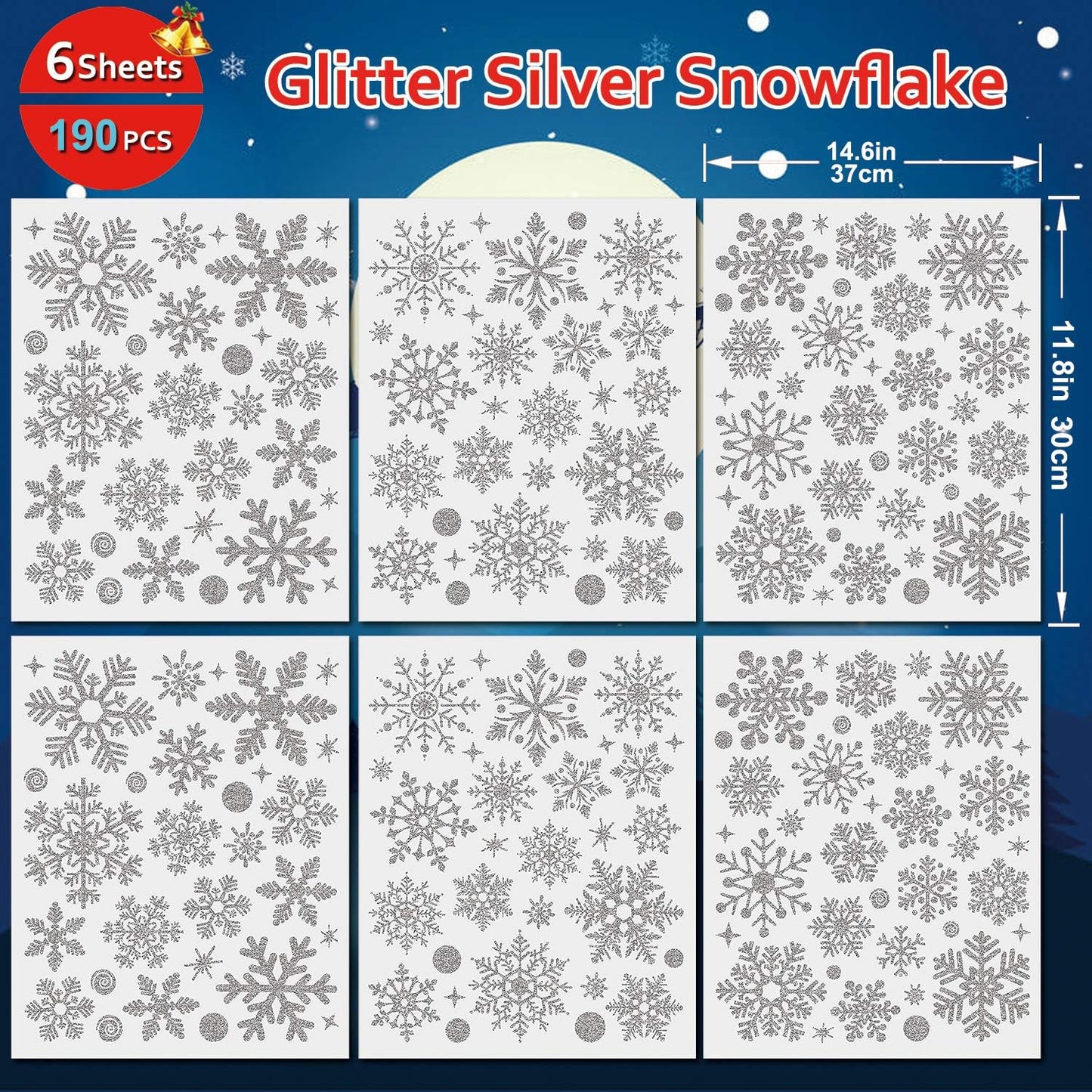 190 Pcs Christmas Window Clings Glitter Snowflake Window Decals for Glass Winter Xmas Navidad Decorations (Sliver)