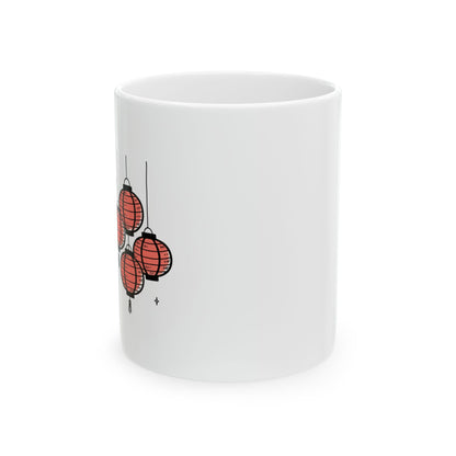 Red Lantern Cluster & Cherry Blossoms | 11oz Ceramic Coffee Mug, Sublimation Print | Lunar New Year Gift for Family & Friends | Chicken Scratch Irony