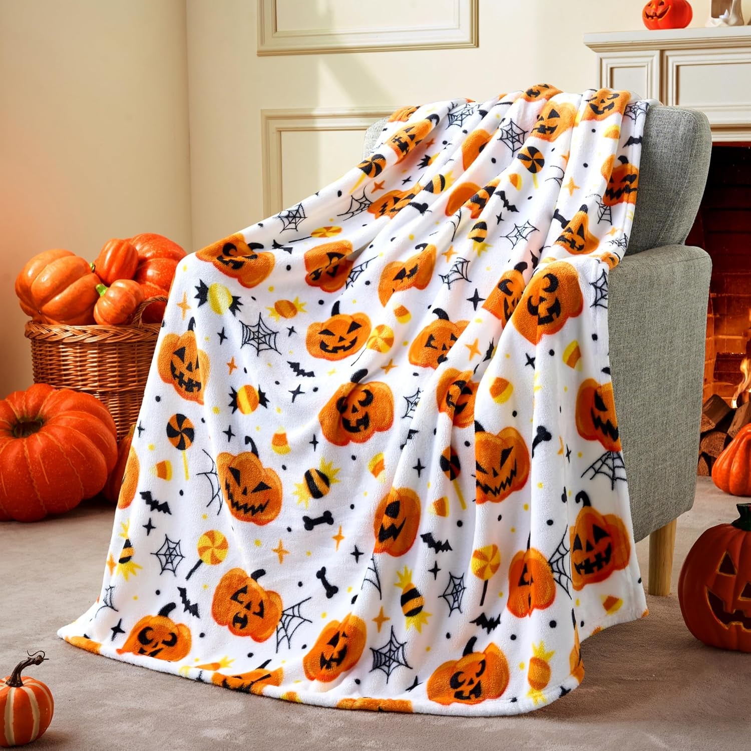 Halloween Throw Blanket - Soft Plush Halloween Blanket - Spider Webs Bat Pumpkin Blanket - Cozy Flannel White Halloween Decoration for Party Sofa Bed Living Room 50"X60"