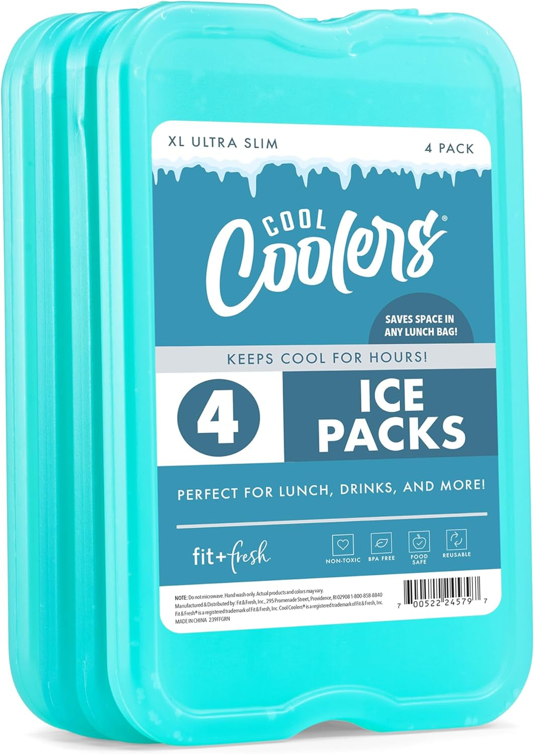 Cool Coolers by  4 Pack XL Slim Ice Packs, Quick Freeze Space Saving Reusable Ice Packs for Lunch Boxes or Coolers, Blue, 239ICE