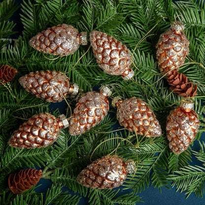 12 Pcs Christmas Pinecone Glass Ornaments- Fall Hanging Pine Cone Painted Glass Ornaments- Glitter Pinecone Christmas Ornament for Xmas Tree DIY Crafts Fall Thanksgiving Day Decoration