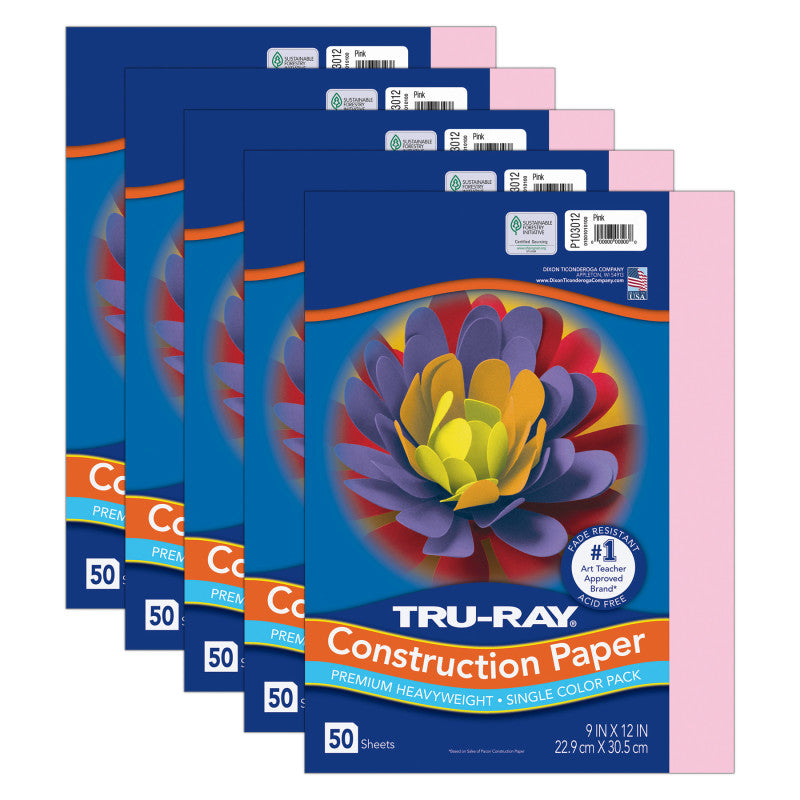 Construction Paper, Heavyweight, Pink, 9" x 12", 50 Sheets Per Pack, 5 Packs