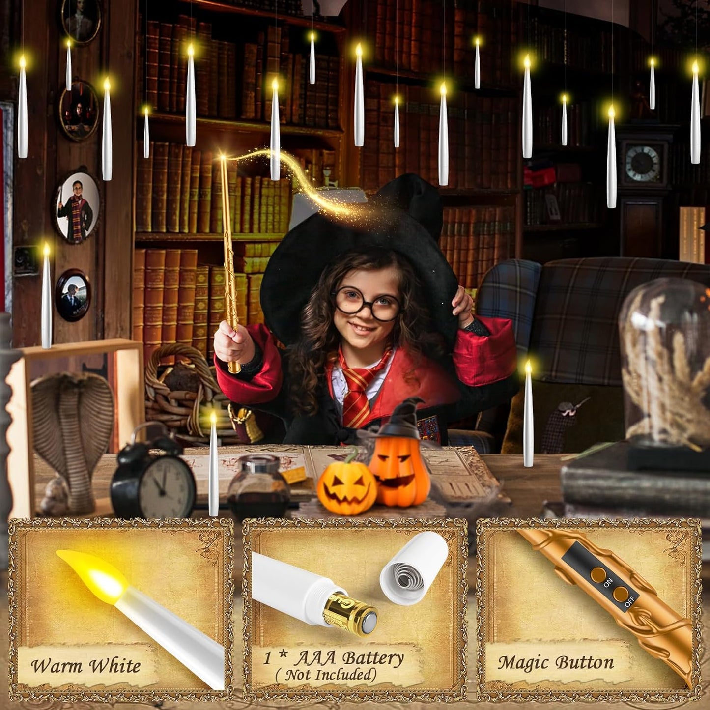 Floating Candles with Wand - 18 Pcs Halloween Decorations Magic Flameless Candles Flickering Warm Light Battery Operated LED Hanging Candles for Christmas Window Bedroom Birthday Party Decor