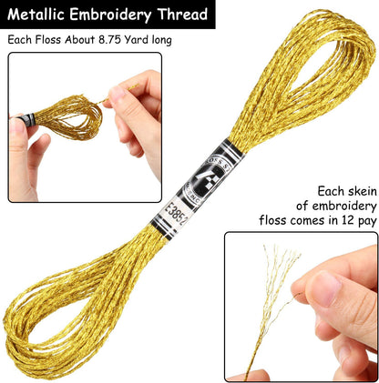 24 Skeins Metallic Embroidery Threads Glitter Embroidery Floss Embroidery Floss-Cross Stitch Thread Gold and Silver Polyester Thread Friendship Bracelets Thread for Embroidery Thread Crafts