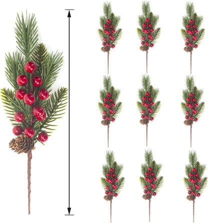 10 Pcs Artificial Pine Cone Picks and Red Berry Mini Artificial Pine Tree for Christmas Party Flower Wreaths and Holiday Decorations