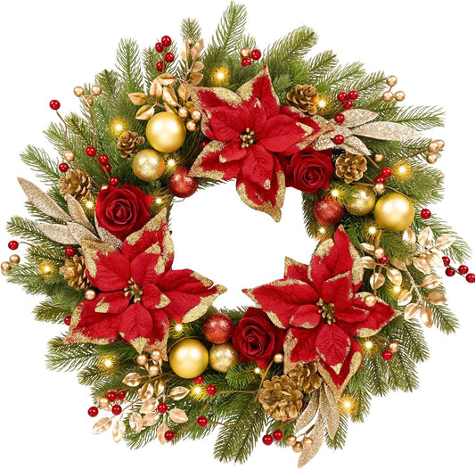 Christmas Wreaths for Front Door,22In Christmas Wreaths Decorations with Lights,Christmas Balls, Pine Cones, Golden Twigs, Pine Needles for Door Window Outdoor Home Decoration