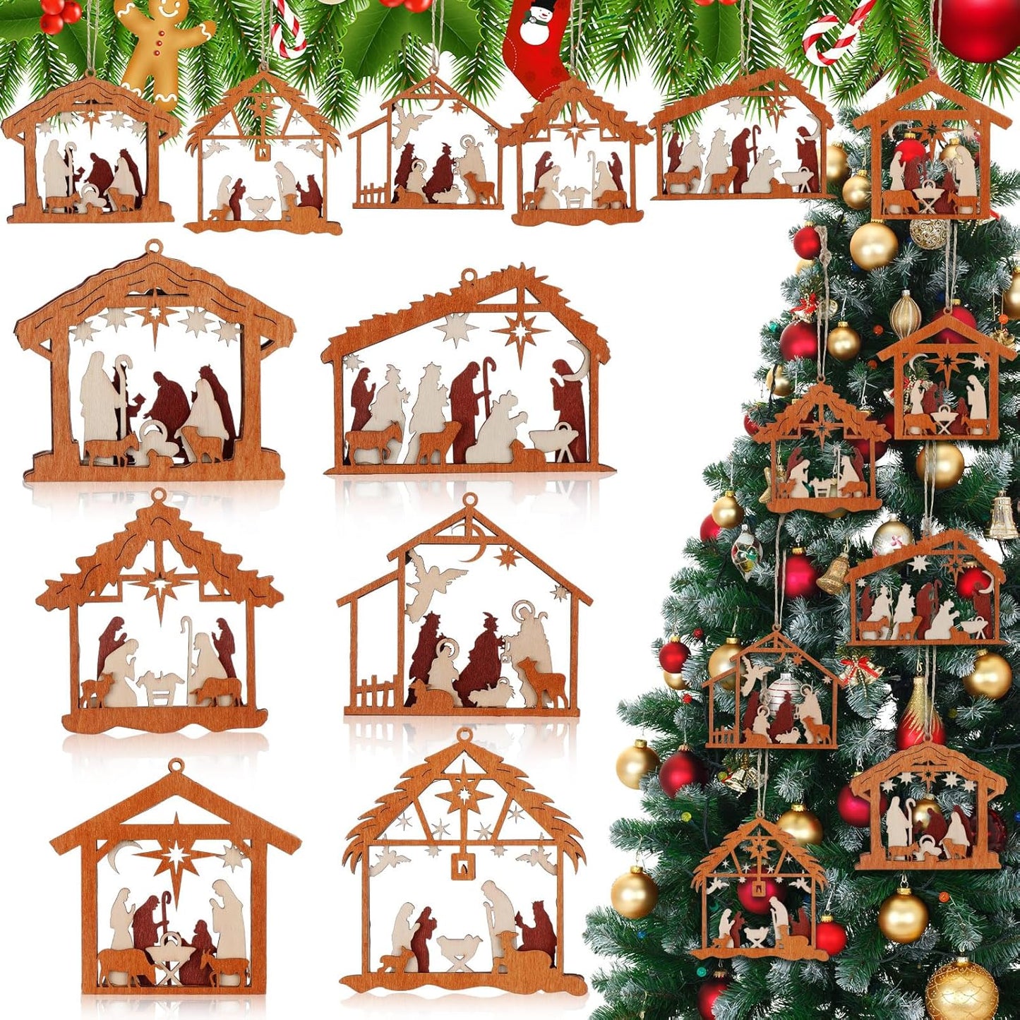 6 Pcs Christmas Nativity Ornaments Christian Music Sheet Nativity Scene Ornaments Wooden Christmas Hanging Ornament Bulk for Xmas Tree Birth of Jesus Religious Gift for Family(House)