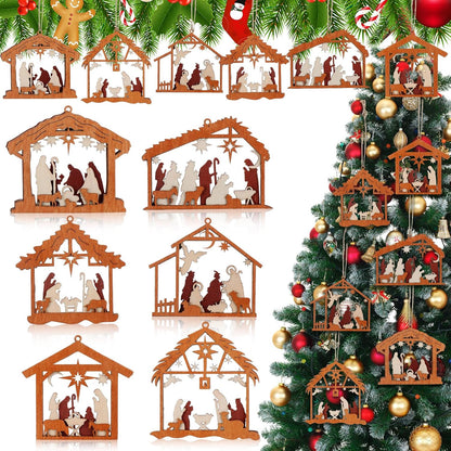 6 Pcs Christmas Nativity Ornaments Christian Music Sheet Nativity Scene Ornaments Wooden Christmas Hanging Ornament Bulk for Xmas Tree Birth of Jesus Religious Gift for Family(House)