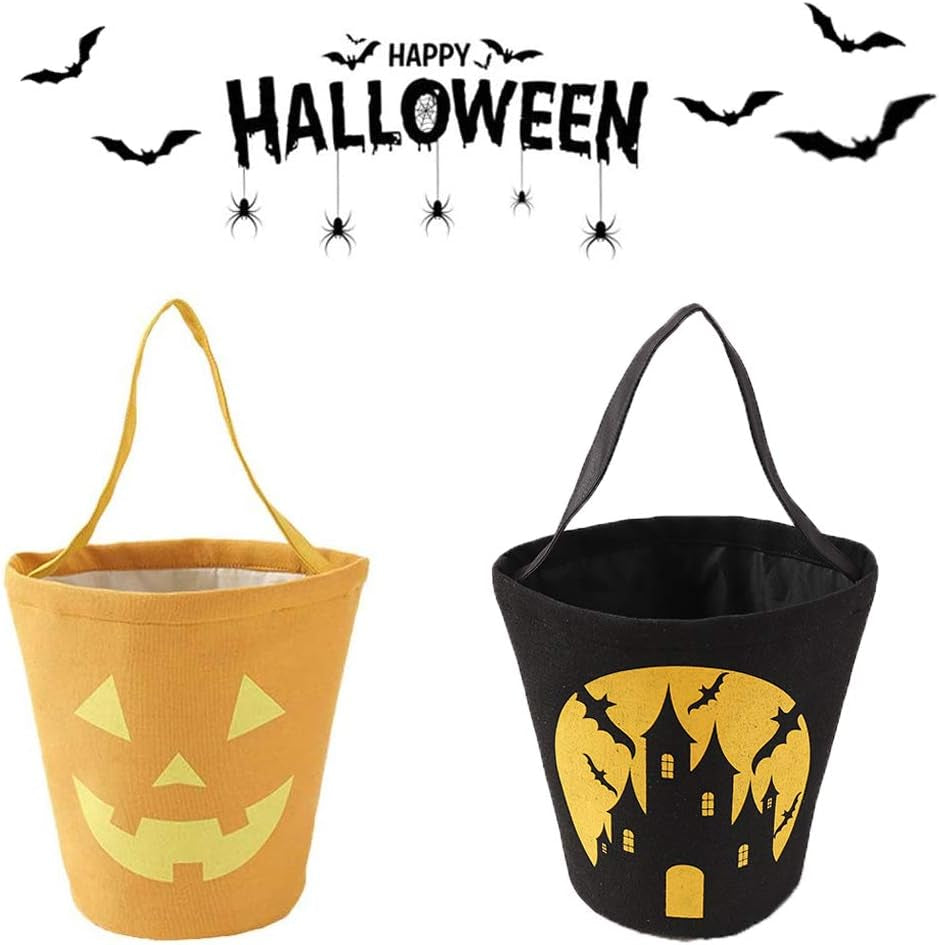 Halloween Trick or Treat Bag, Pumpkin Canvas Candy Tote Bucket Multipurpose Portable Collapsible Reusable Goody Bucket - Best Halloween Party Gifts