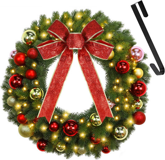 21 Inch Pre-Lit Christmas Wreath with Metal Hanger, Lighted Xmas Folded Wreath with 60 LED Lights, Red Bow and Colorful Balls, Battery Operated & Timer for Outdoor Home Window Wall Front Door