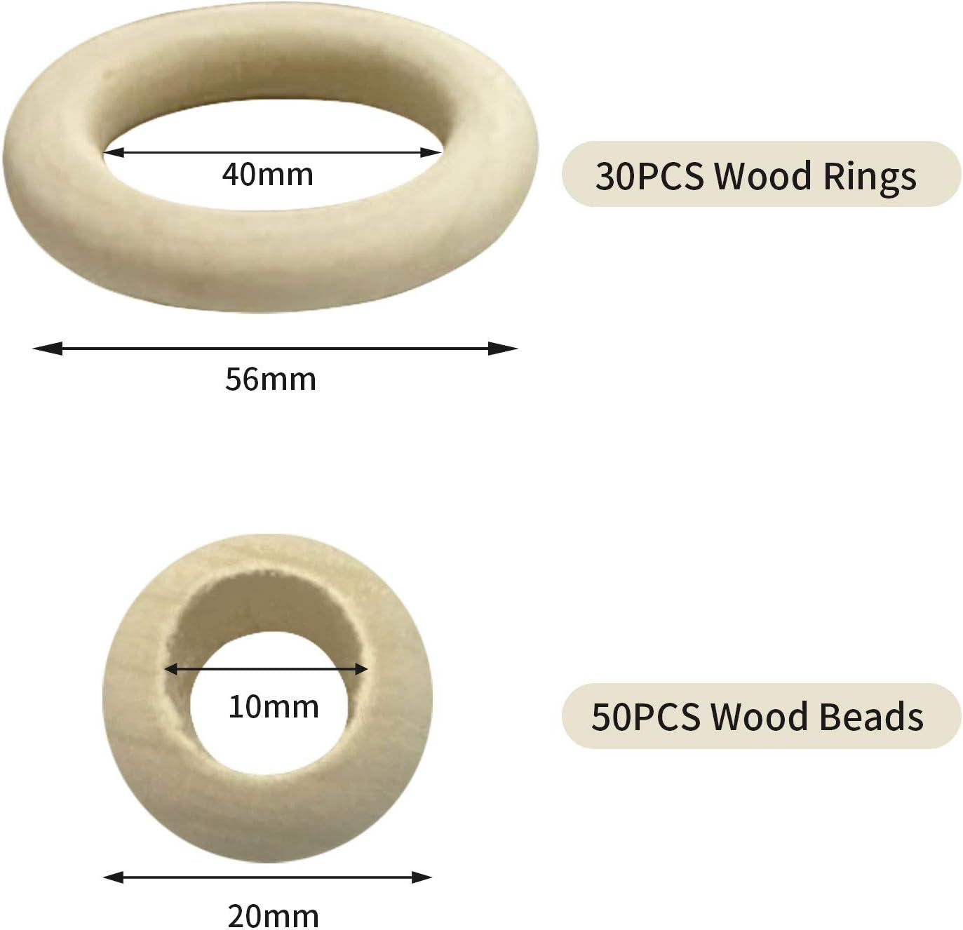 Macrame Craft Sets 80Pcs-Assorted Macrame 50PCS Wooden Beads and 30PCS Wood Rings Set for DIY Crafts and Macrame