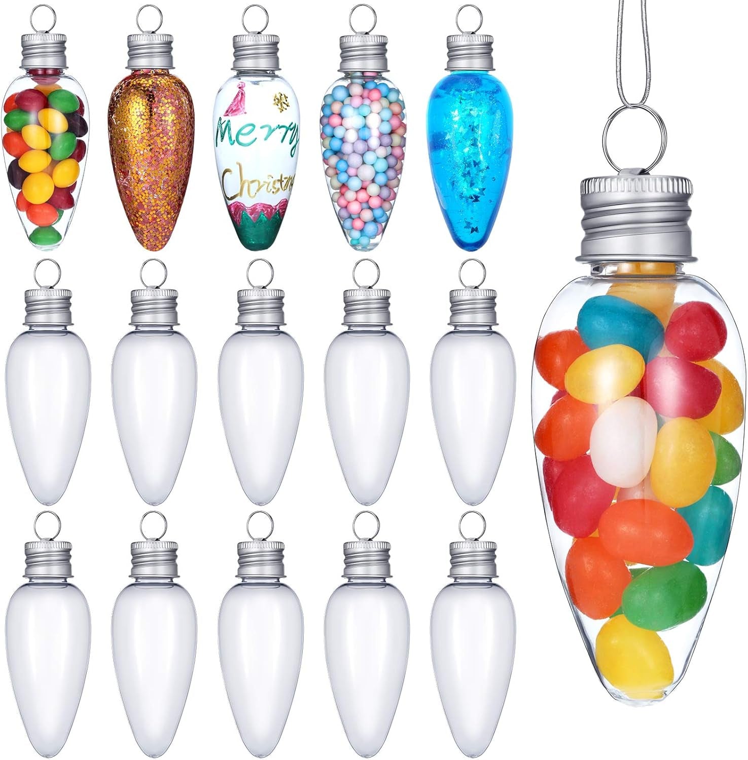 24 Pieces Christmas Fillable Light Bulb Shape Ornaments Clear Light Bulb Bottles Ornaments with Screw off Bottle Caps and String for Christmas DIY Crafts, Candy, Juice, Christmas Tree Decor