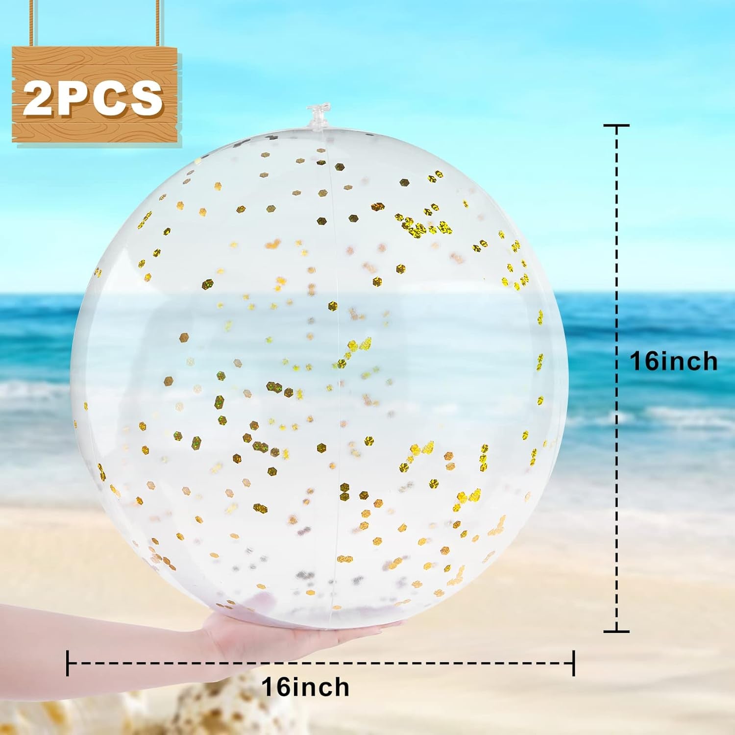 2PCS Inflatable Beach Balls, Glitter Beach Ball 16 Inch Clear Inflatable Ball with Gold Confetti for Kids Birthday Summer Pool Party