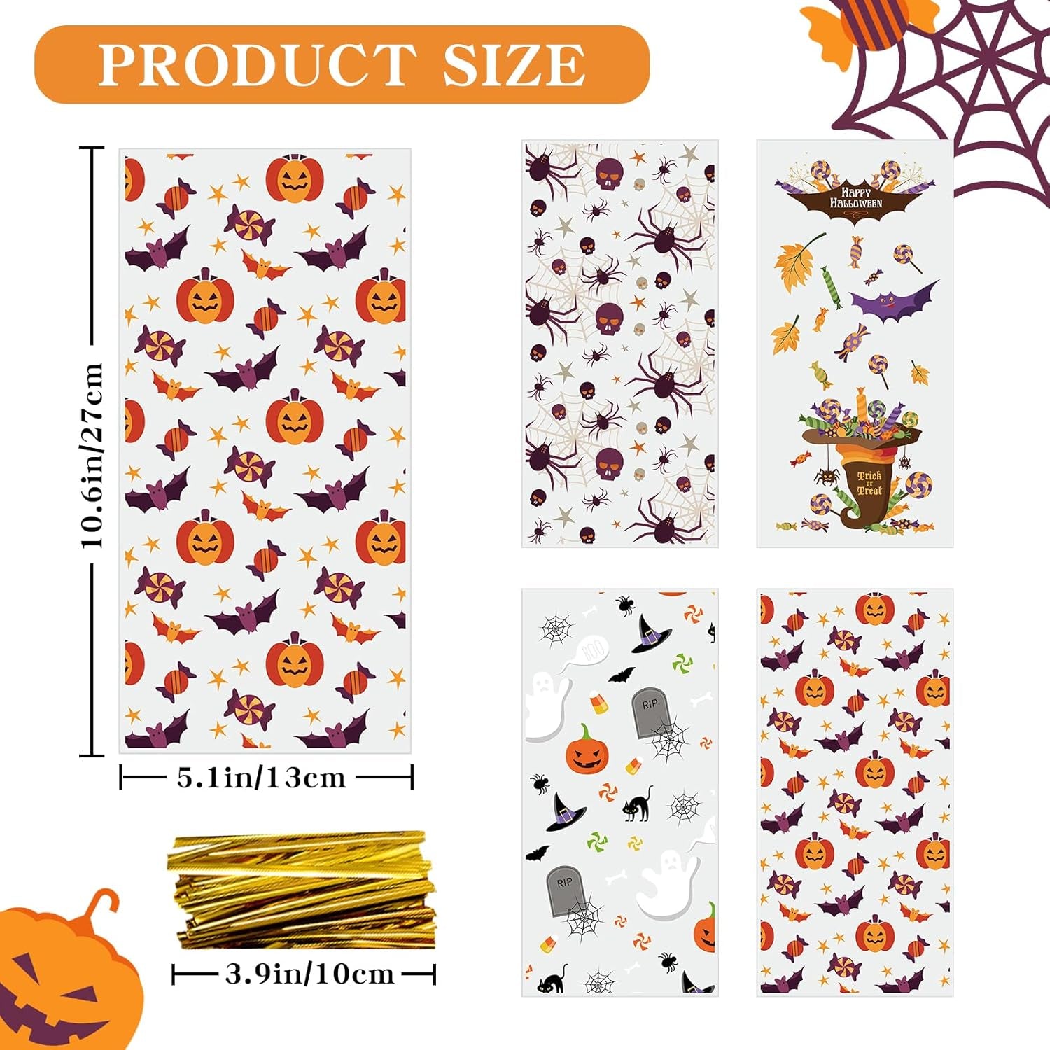 Halloween Cellophane Treat Bags, 180Pcs Halloween Trick or Treat Goody Gags with 200Pcs Twists for Snacks Cookies Packing, Halloween Goodie Bags Party Supplies(02)