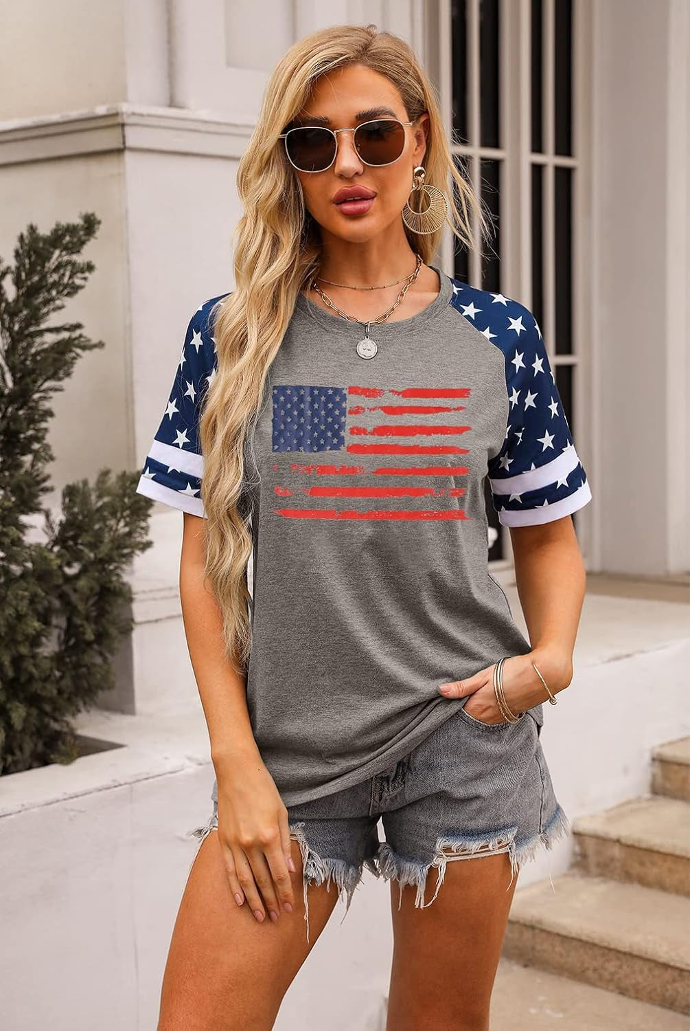 American Flag T Shirt Patriotic Shirts Women Veteran Shirt Raglan Short Sleeve Stars Stripes Top Tees