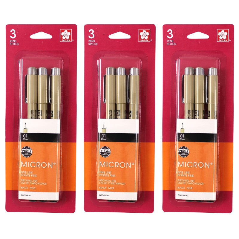 Pigma Micron Pens, Size 01 Fine Point, Black, 3 Per Set, 3 Sets