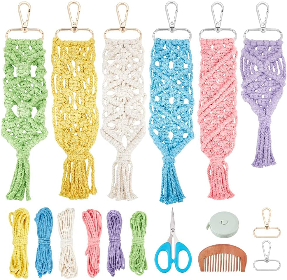 8 Set DIY Macrame Wristlet Keychain Kits for Adults Colorful Macrame Cord Knotting Kit Boho Mini Macrame Tassel Keychain with Instruction + Video for Car Key Purse Phone Wallet Charm