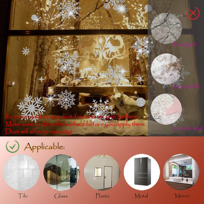 190 Pcs Christmas Window Clings Glitter Snowflake Window Decals for Glass Winter Xmas Navidad Decorations (Sliver)