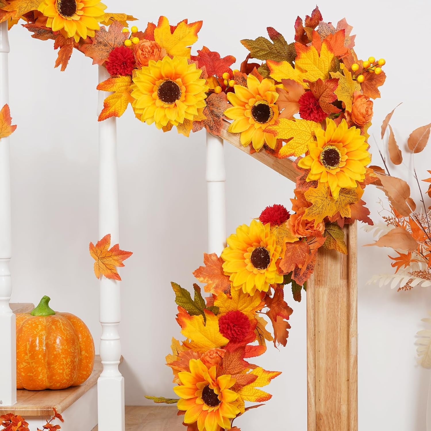 Fall Decor Fall Garland, 5.9 Ft/Piece Fall Garland for Mantle, Fall Garland with Lights Sunflower Maple Leaves Peony Marigold for Home Indoor Outdoor Decor