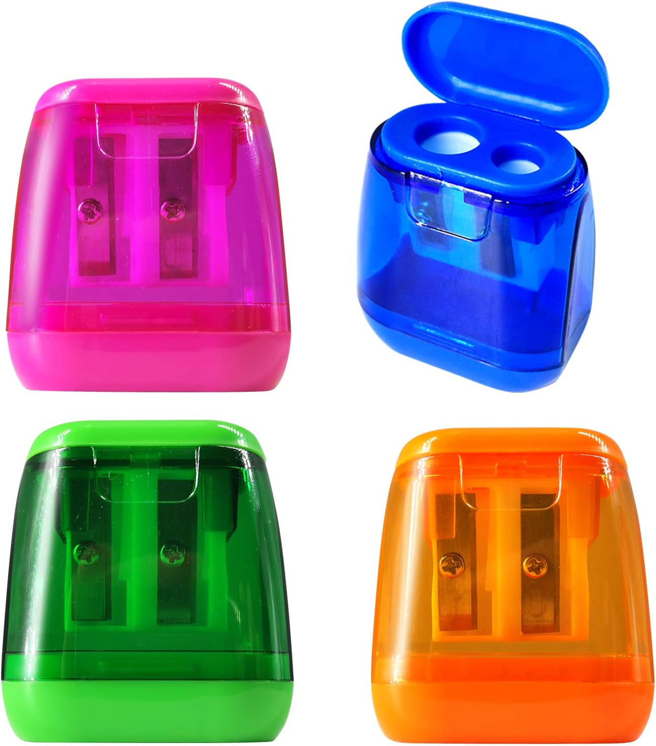 Manual 4PCS Colorful Compact Dual Holes Pencil Sharpeners with Lid for Kids & Adults, Portable for School Office