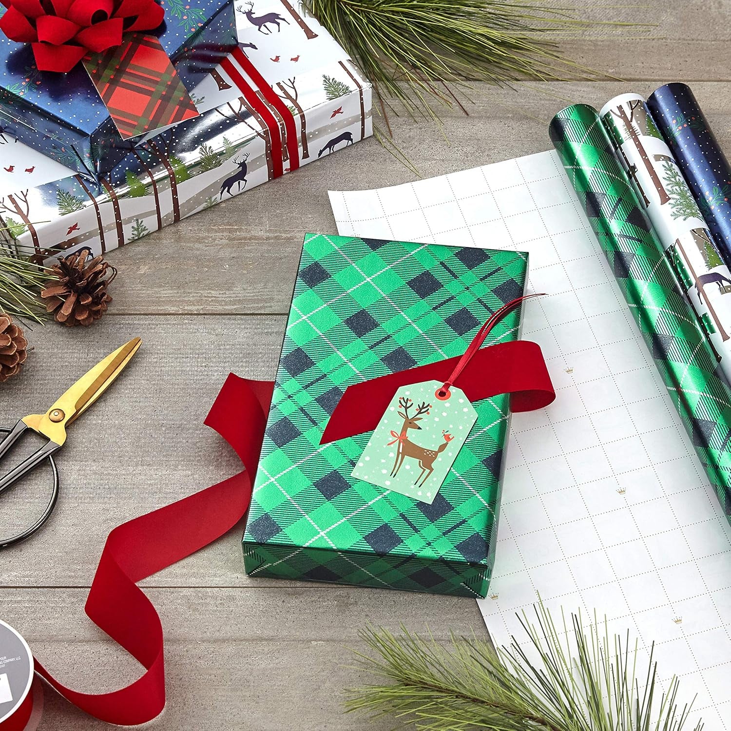 Foil Holiday Wrapping Paper with Cut Lines on Reverse (3 Rolls: 60 Sq. Ft. Ttl) Woodland Scene with Deer, Green and Navy Blue Plaid, Wreaths on Navy Blue