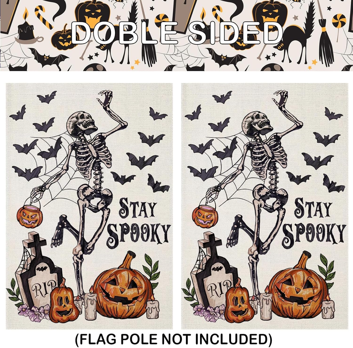 Halloween Garden Flags for outside Decoration, STAY SPOOKY Skeleton with Pumpkin Small Yard Flag for Outdoor Decor 12X18 Inch Vertical Double Sided