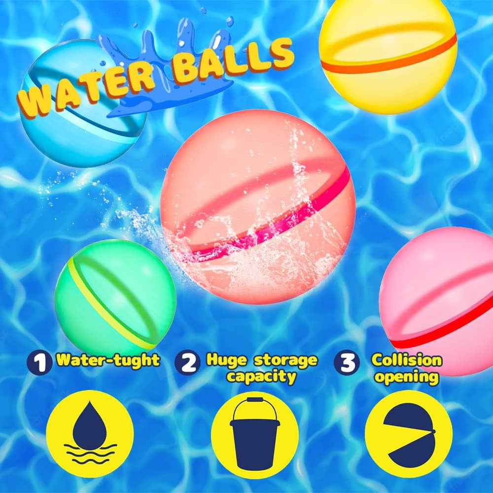 Reusable Water Balloons, Splash Water Bomb Balloons, Quick Fill Self Sealing, Magnetic Refillable Silicone Water Balloons for Kids Adults, Latex-Free Silicone Water Balloons, Pool Water Toys (6PCS)
