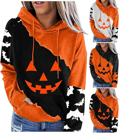 Halloween Hoodie for Women 2024 Scary Pumpkin Printed Long Sleeve Sweatshirts Pullover Cute Costumes with Pockets